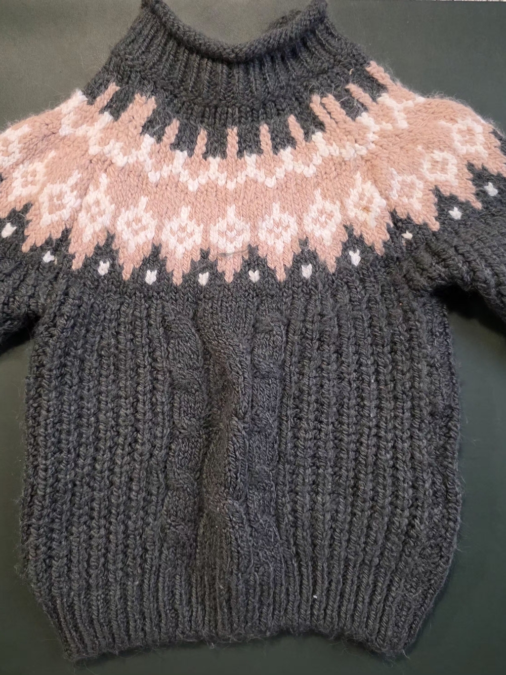 Zara Charcoal Cable-Knit Turtleneck Sweater with Blush Fair Isle Yoke